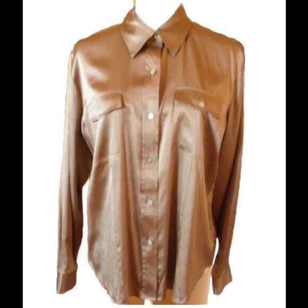 👠👚🤎 Chico’s Dark Gold Button Down Long Sleeve Silk Spandex Blouse Sz 2